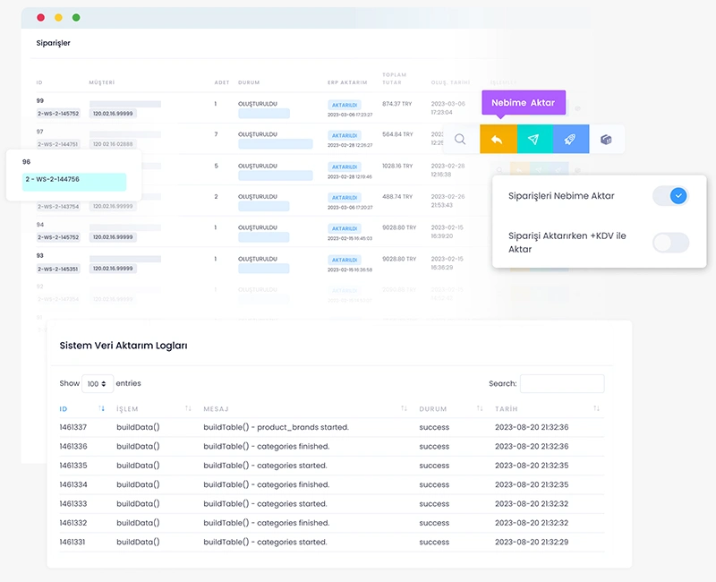 Devartist | B2B Yazılımı Nebim Aktarım Ekranı