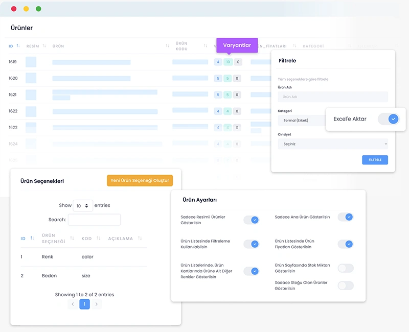 Devartist | B2B Yazılımı Ürün Liste, Ayar ve Seçenek Ekranları