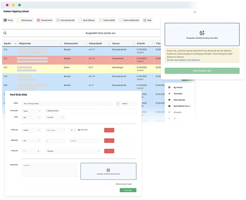 Devartist | Etiket ERP - Üretim Takip Yazılımı Kalem Sipariş Listesi